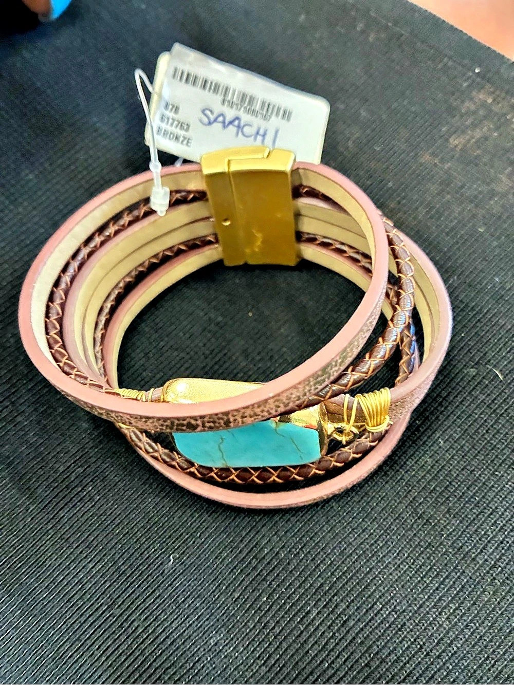 SAACHI Braided Turquoise Bracelet light brown& Brown, new w tag